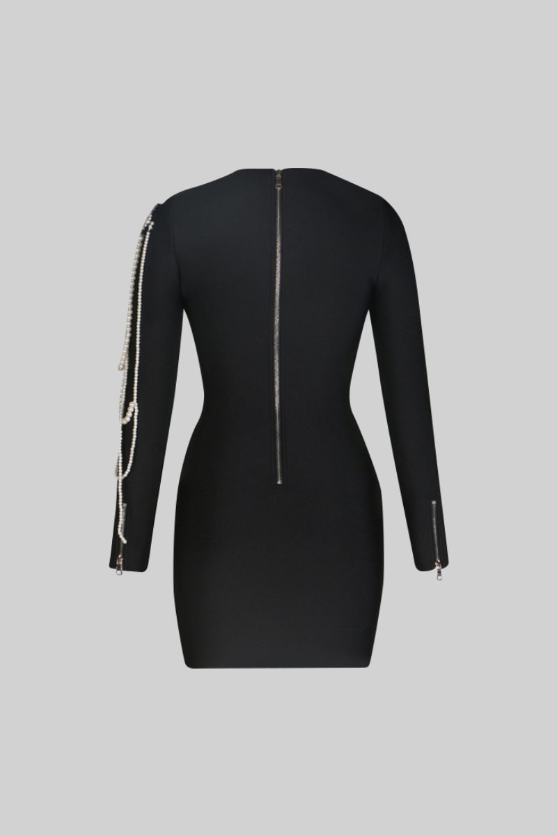 CECILE Long Sleeve Diamond Pearls Mini Dress - Black