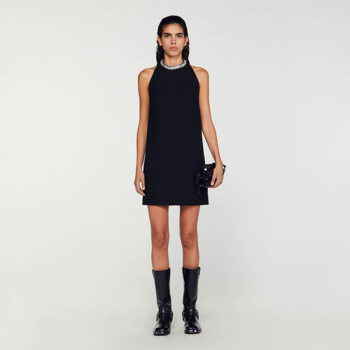 SANDRO MINI DRESS WITH JEWELLERY CRYSTAL COLLAR - Black