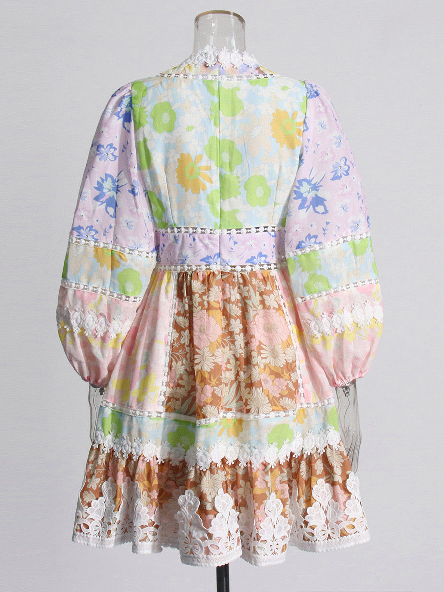 NV FLORAL PATCHWORK LACE TRIM COTTON MINI DRESS - Pink Multicolor MADDY PARIS