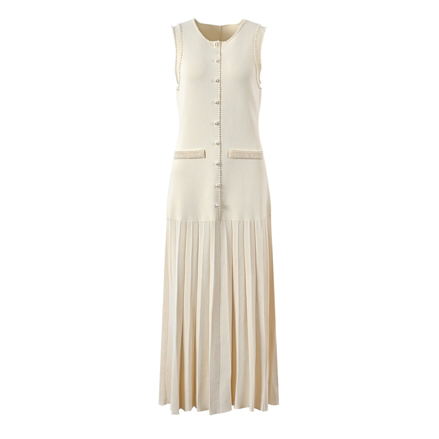 SANDRO Pearl-Trim Midi Dress - Beige