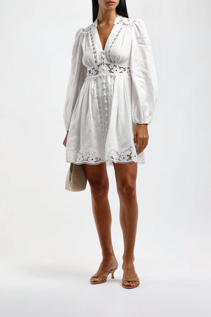 MADDY August Plunge Broderie White Cotton Linen Lace Mini Dress - Long Sleeves, V-Neck | MADDY PARIS