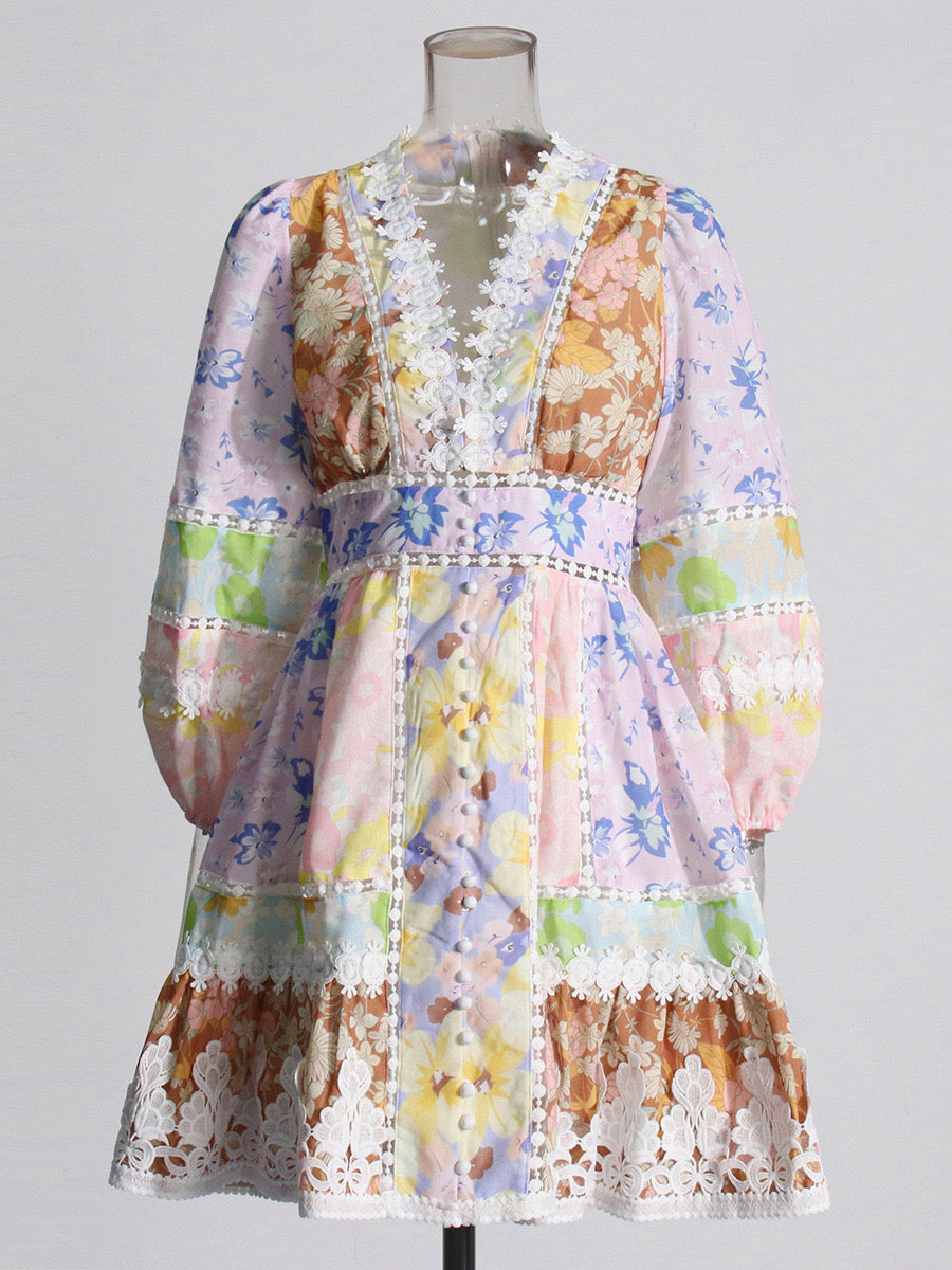 NV FLORAL PATCHWORK LACE TRIM COTTON MINI DRESS - Pink Multicolor MADDY PARIS