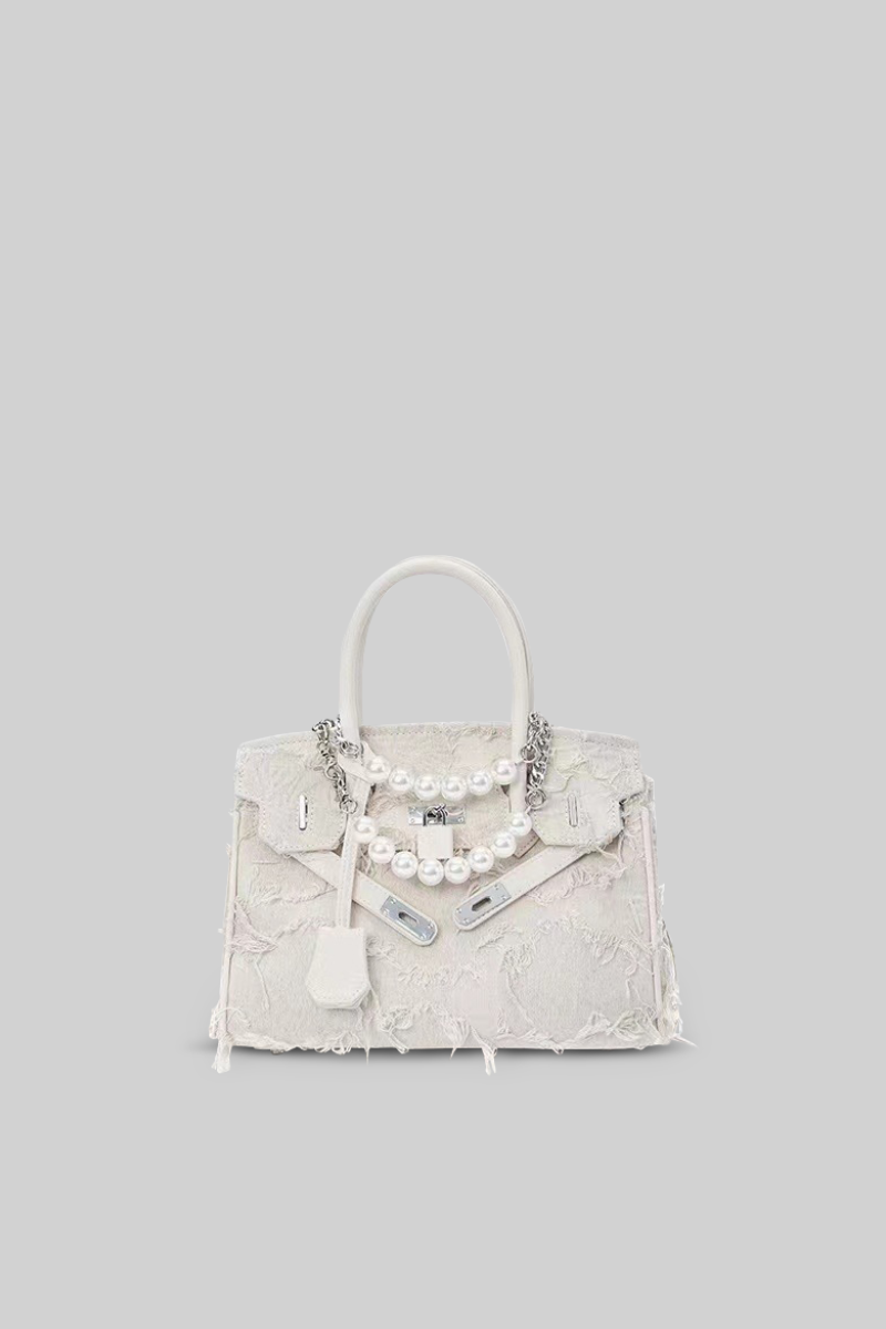 ELIANE Medium classic hand-bag with chains and pearl details - Cream