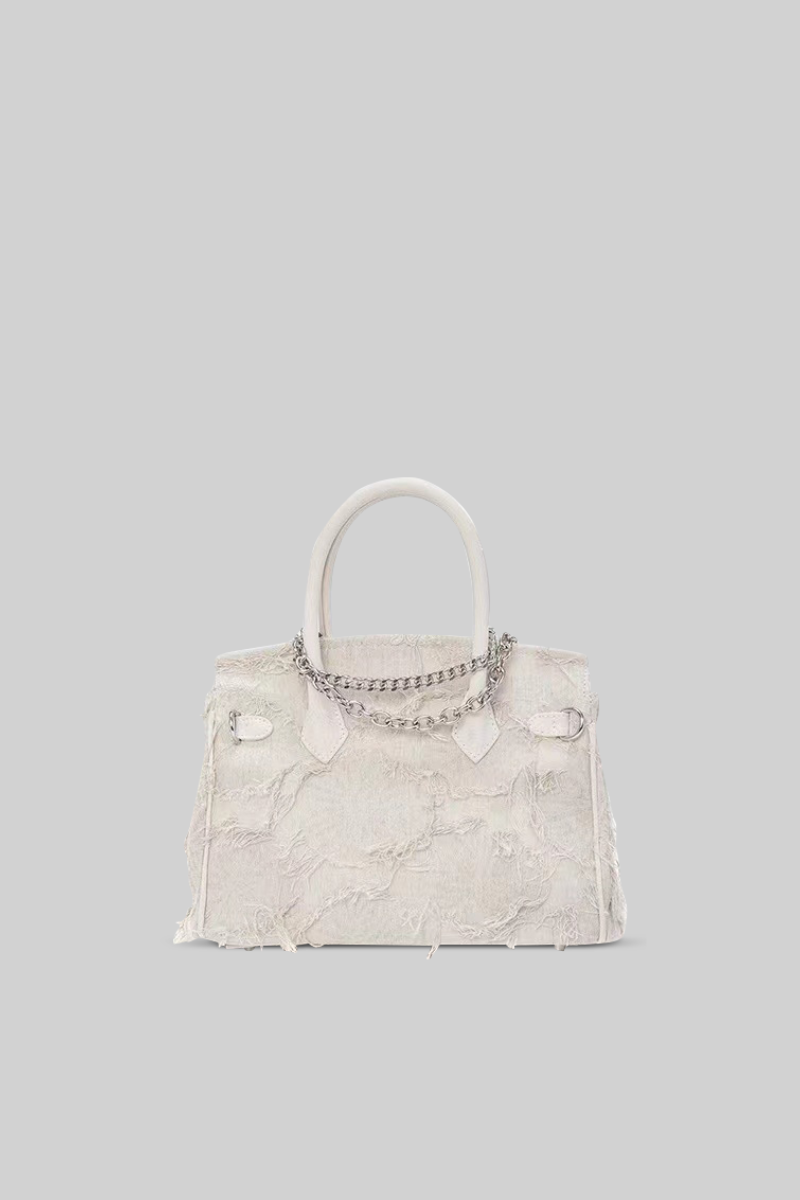 ELIANE Medium classic hand-bag with chains and pearl details - Cream