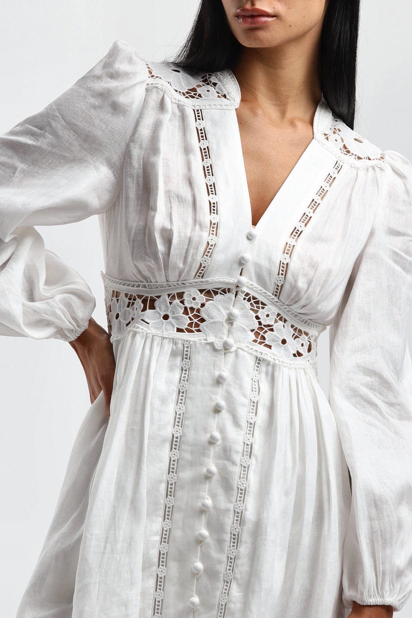 MADDY August Plunge Broderie White Cotton Linen Lace Mini Dress - Long Sleeves, V-Neck | MADDY PARIS