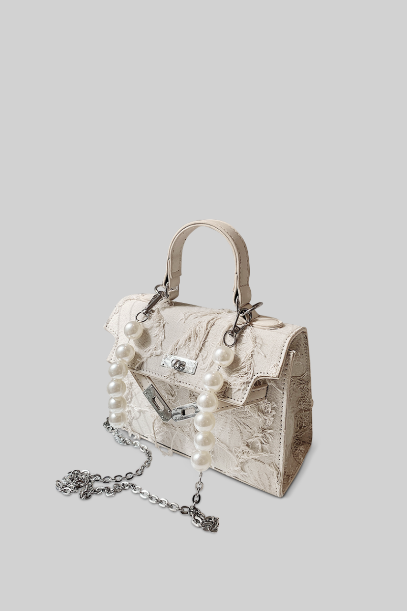 ELIANE Medium classic hand-bag with chains and pearl details - Cream
