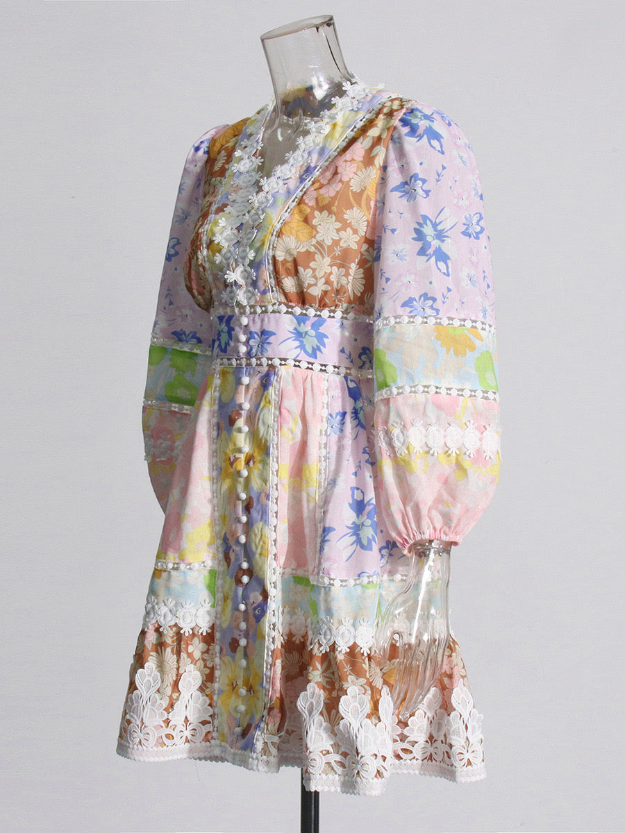 NV FLORAL PATCHWORK LACE TRIM COTTON MINI DRESS - Pink Multicolor MADDY PARIS