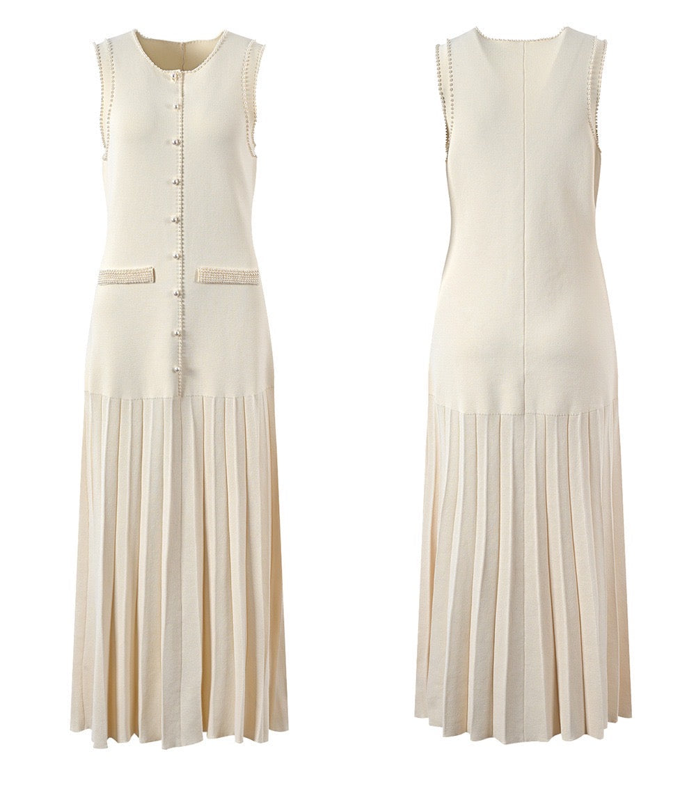 SANDRO Pearl-Trim Midi Dress - Beige