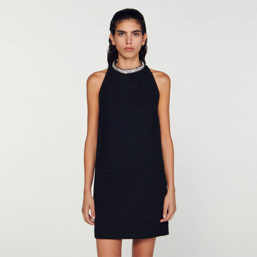 SANDRO MINI DRESS WITH JEWELLERY CRYSTAL COLLAR - Black