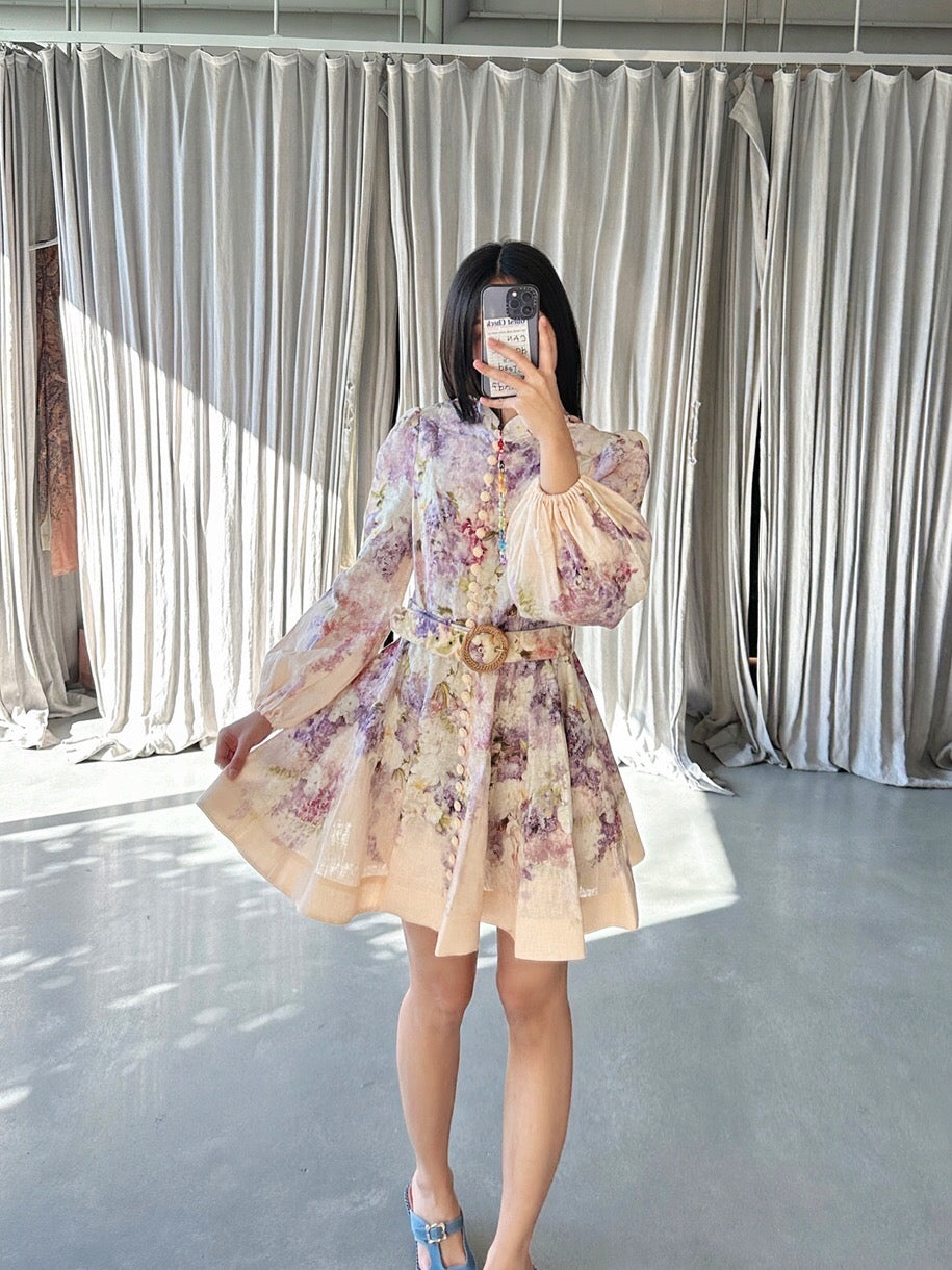 MADDY FLORAL COTTON LINEN MINI DRESS - Pink MADDY PARIS