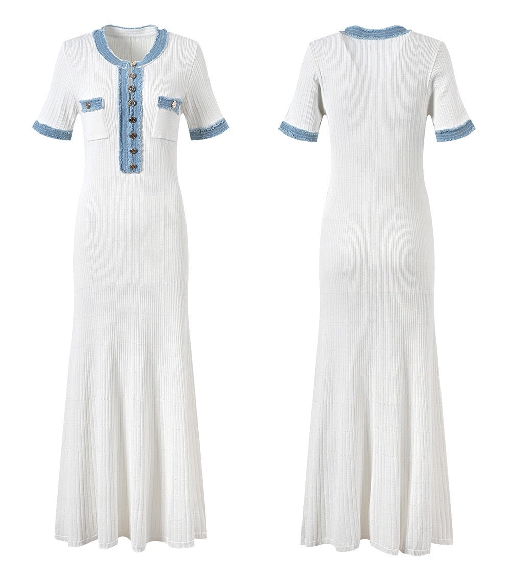 sandro white dress Sandro DENIM-TRIM KNITTED MAXI DRESS