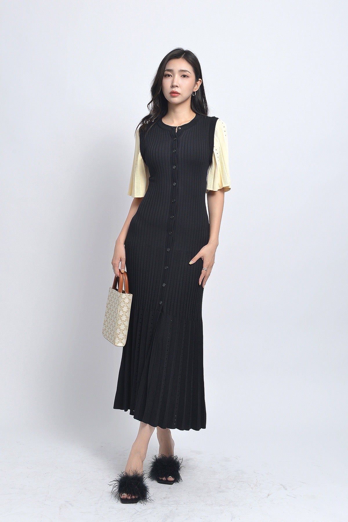 Sandro Long two tone Tricot midi dress - Black