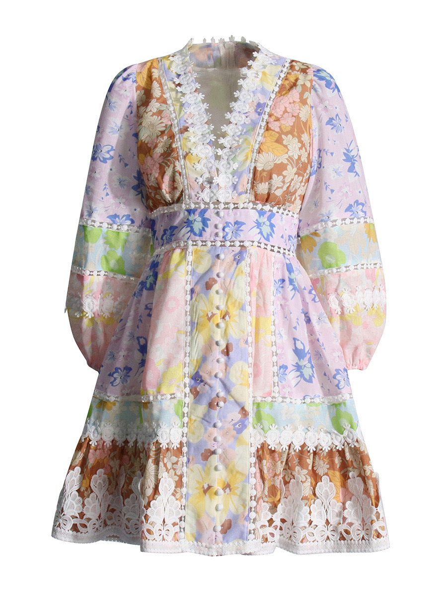 NV FLORAL PATCHWORK LACE TRIM COTTON MINI DRESS - Pink Multicolor MADDY PARIS