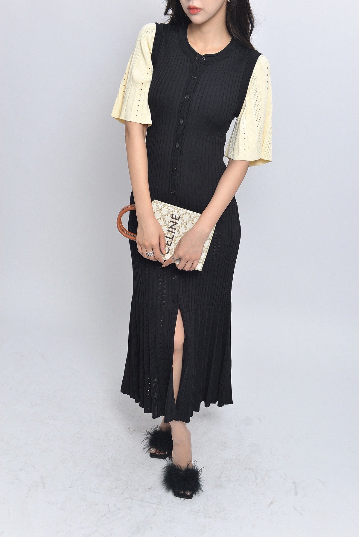 Sandro Long two tone Tricot midi dress - Black