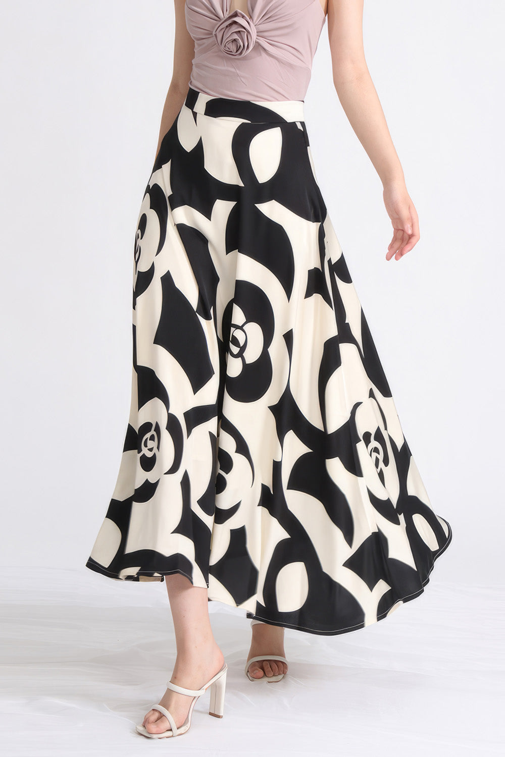 Patterned Midi Skirt - Black & Beige