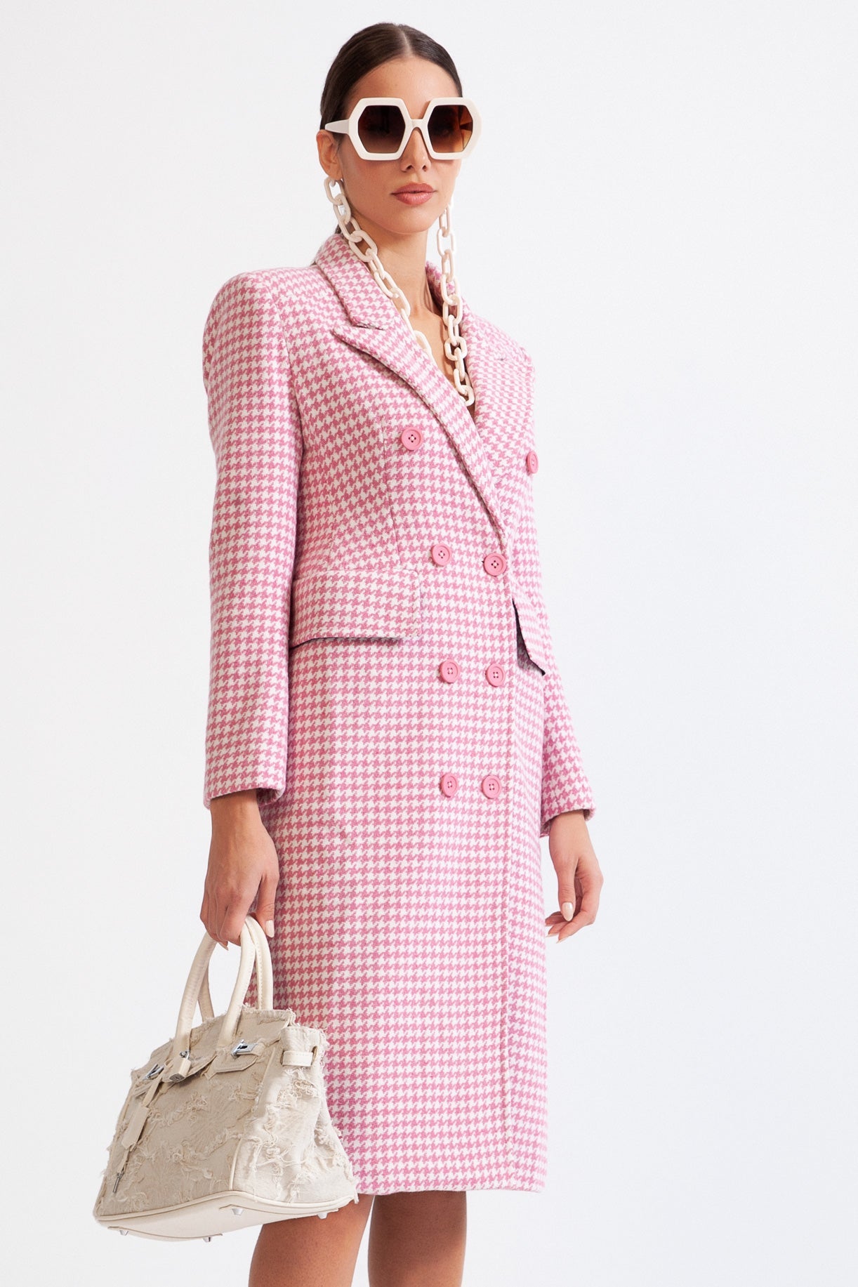 LUNA Houndstooth Coat with Pointed Shoulders - Pink