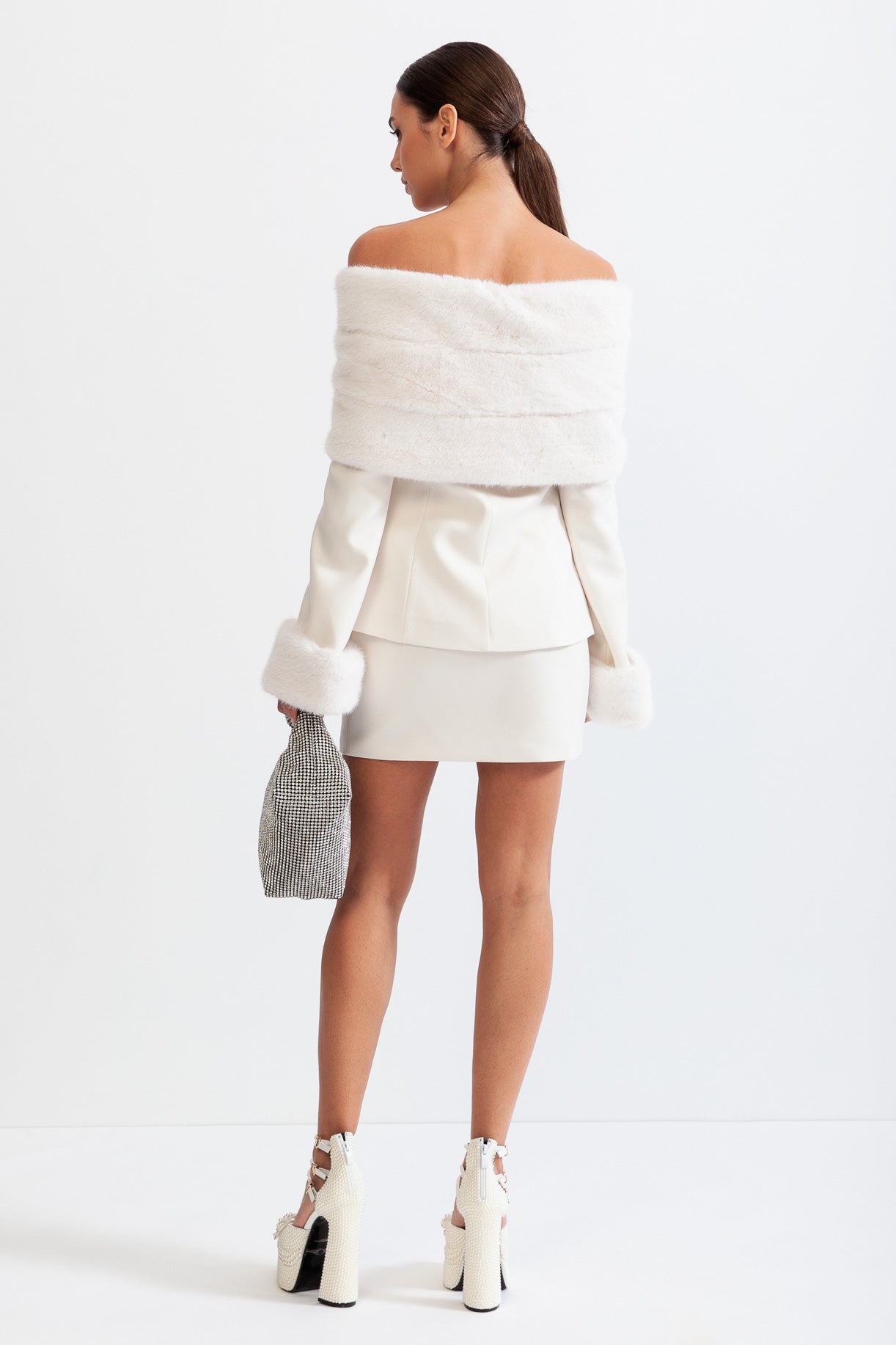 MANETTE Off The Shoulder Co-Ord with Faux Fur - White