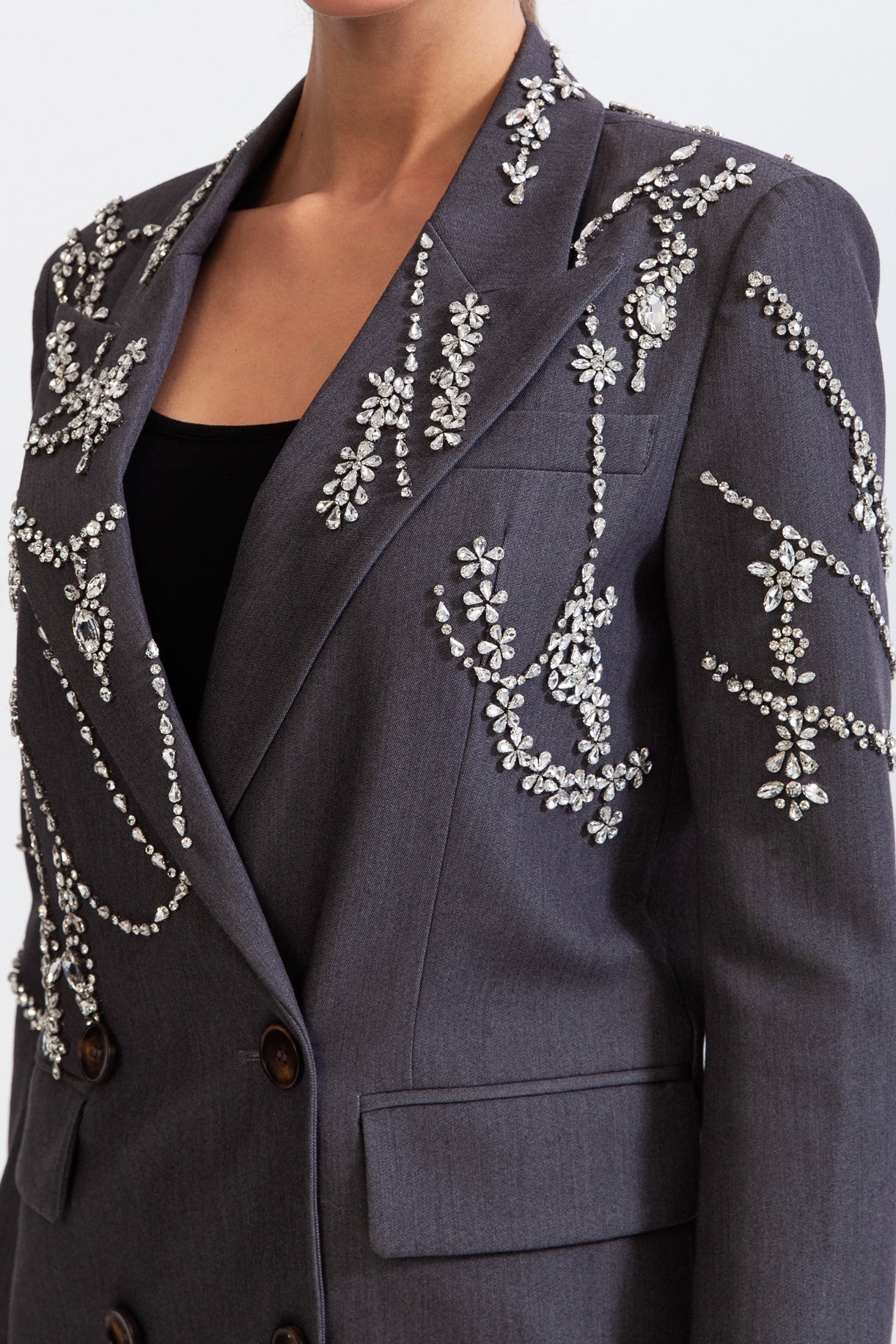 ELARA Double Breasted Long Blazer with Jewels - Grey