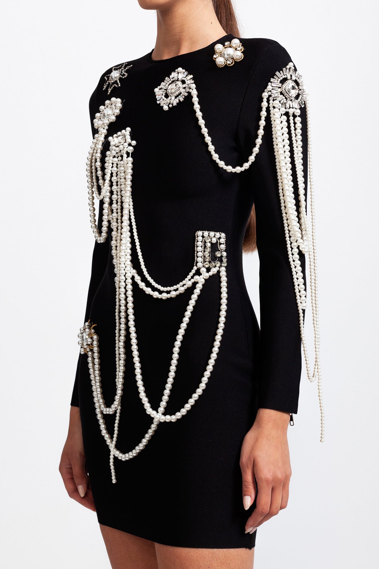 CECILE Long Sleeve Diamond Pearls Mini Dress - Black