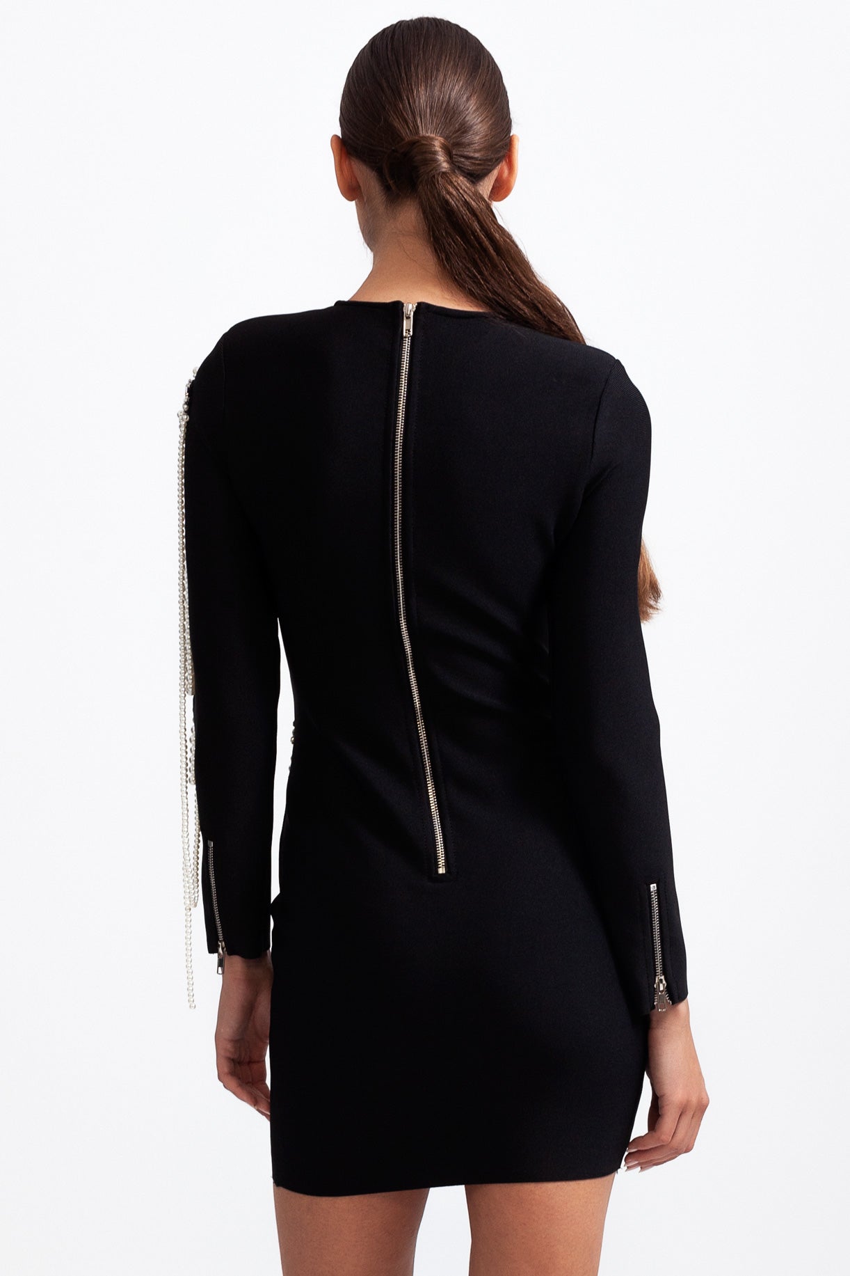 CECILE Long Sleeve Diamond Pearls Mini Dress - Black