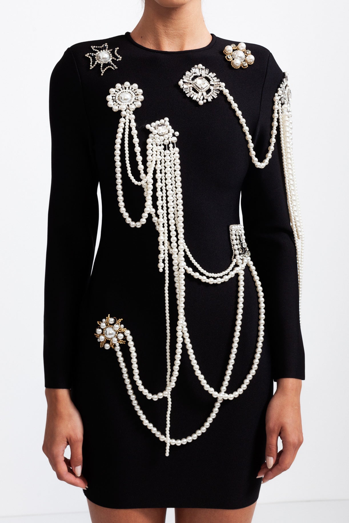 CECILE Long Sleeve Diamond Pearls Mini Dress - Black