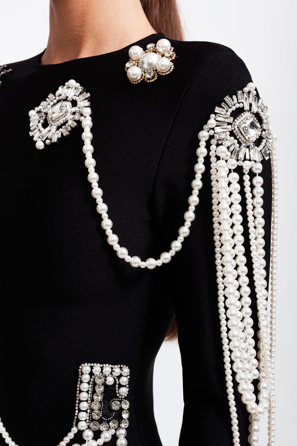 CECILE Long Sleeve Diamond Pearls Mini Dress - Black
