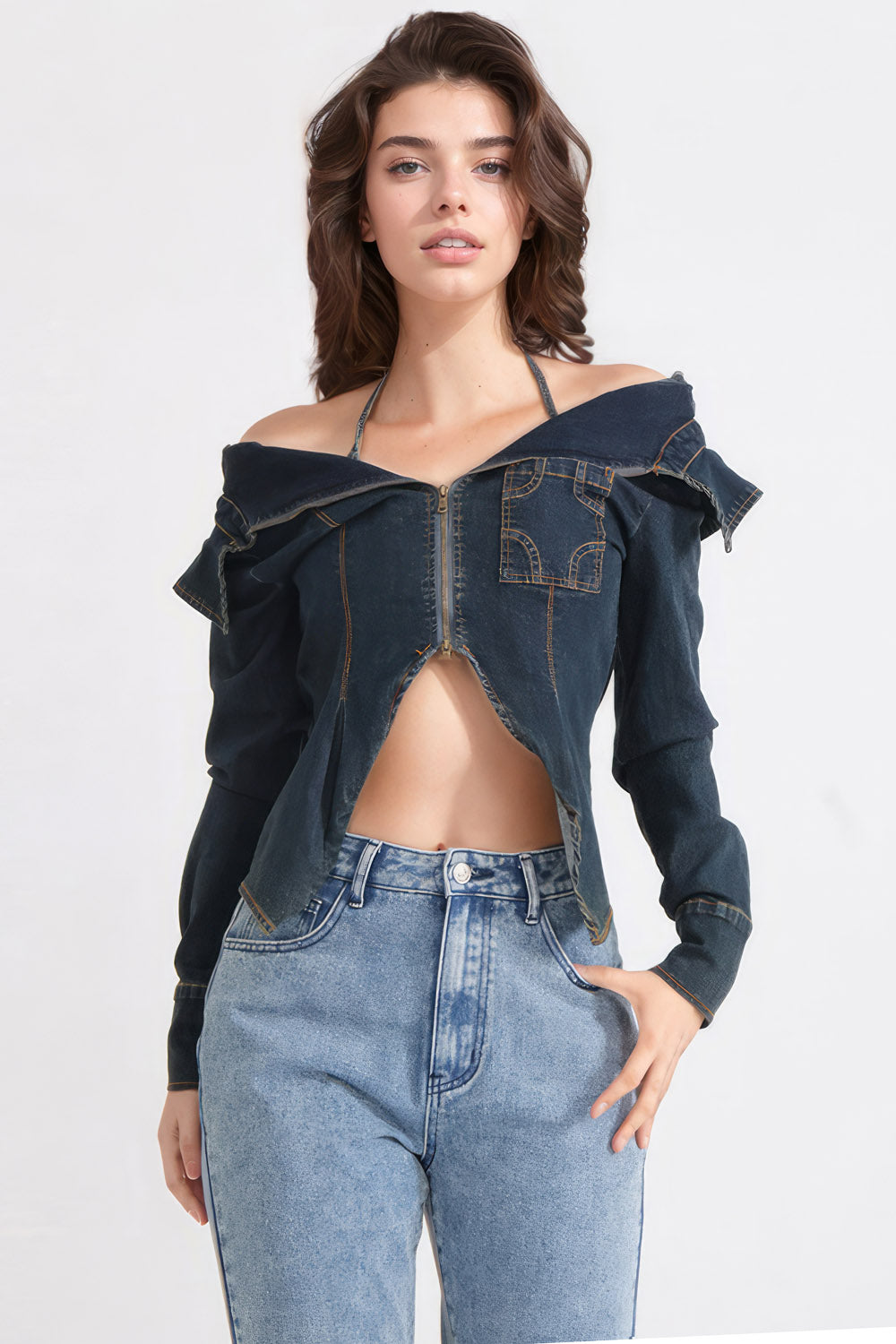 Off Shoulders Denim Top - Dark Blue