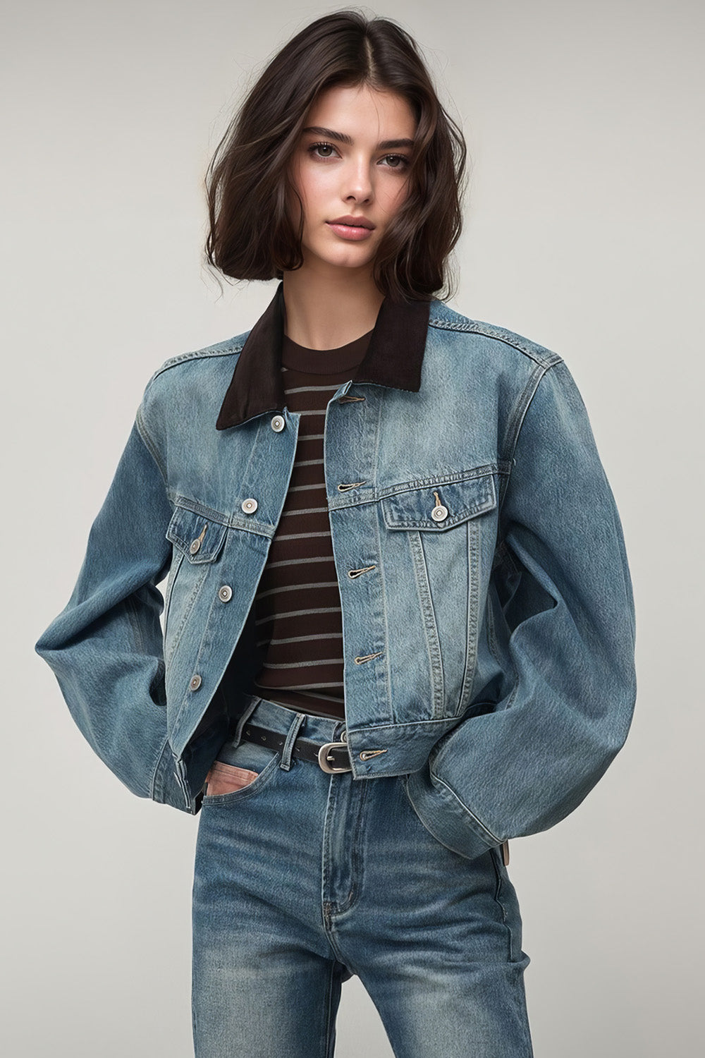 Vintage Short Denim Jacket - Dark Blue
