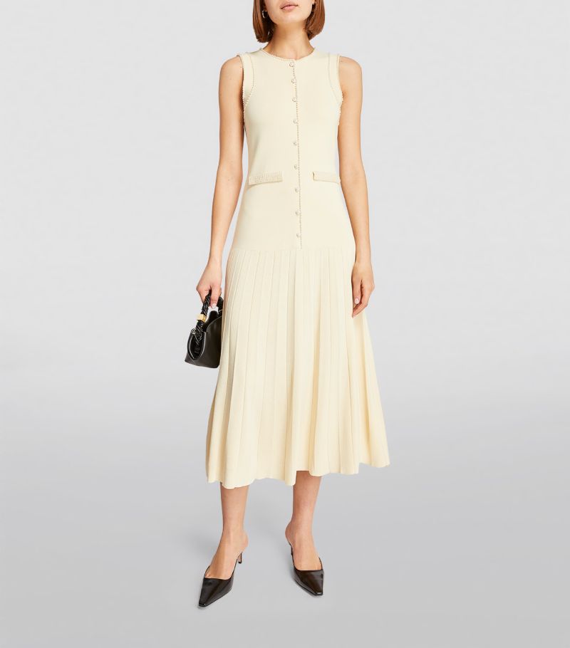 SANDRO Pearl-Trim Midi Dress - Beige