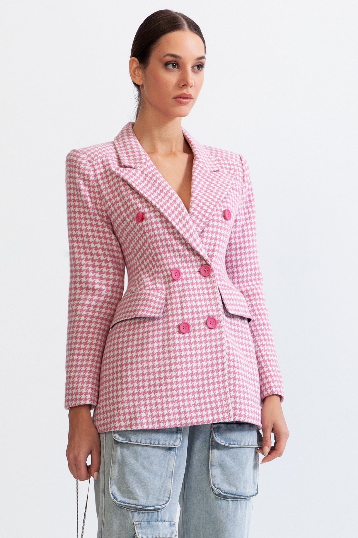 ARIA Houndstooth Jacket with Pointed Shoulders - Pink