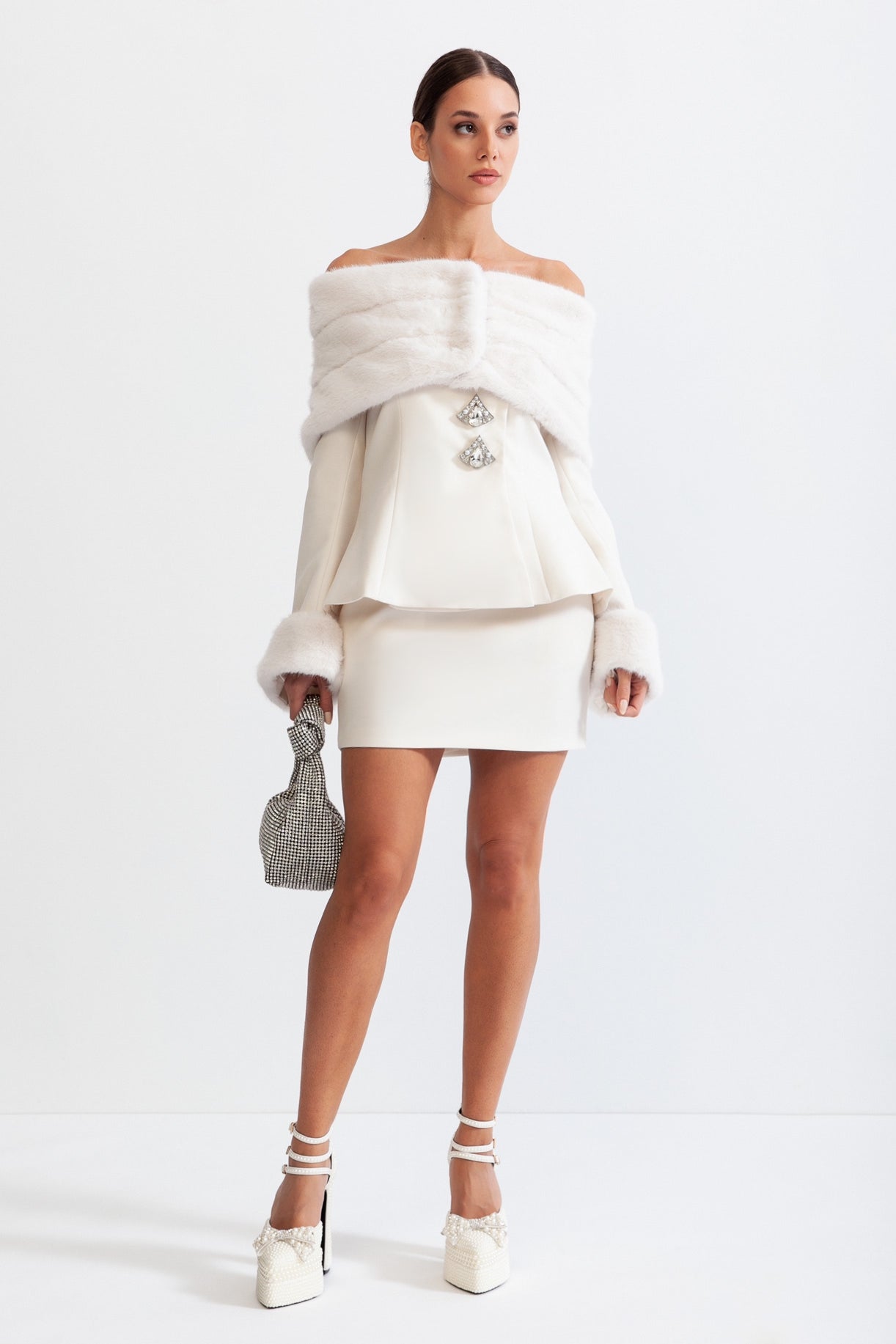 MANETTE Off The Shoulder Co-Ord with Faux Fur - White