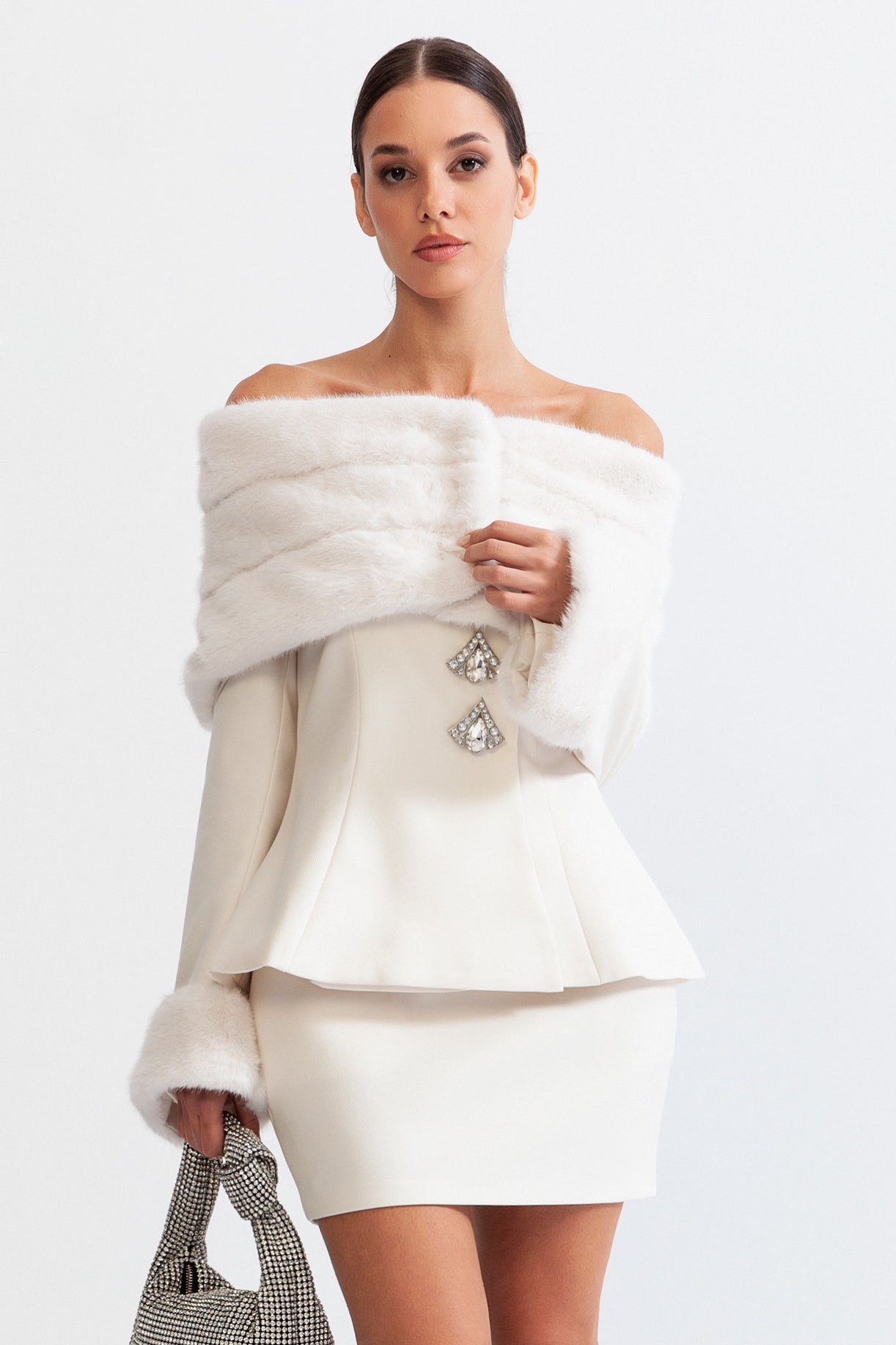 MANETTE Off The Shoulder Co-Ord with Faux Fur - White