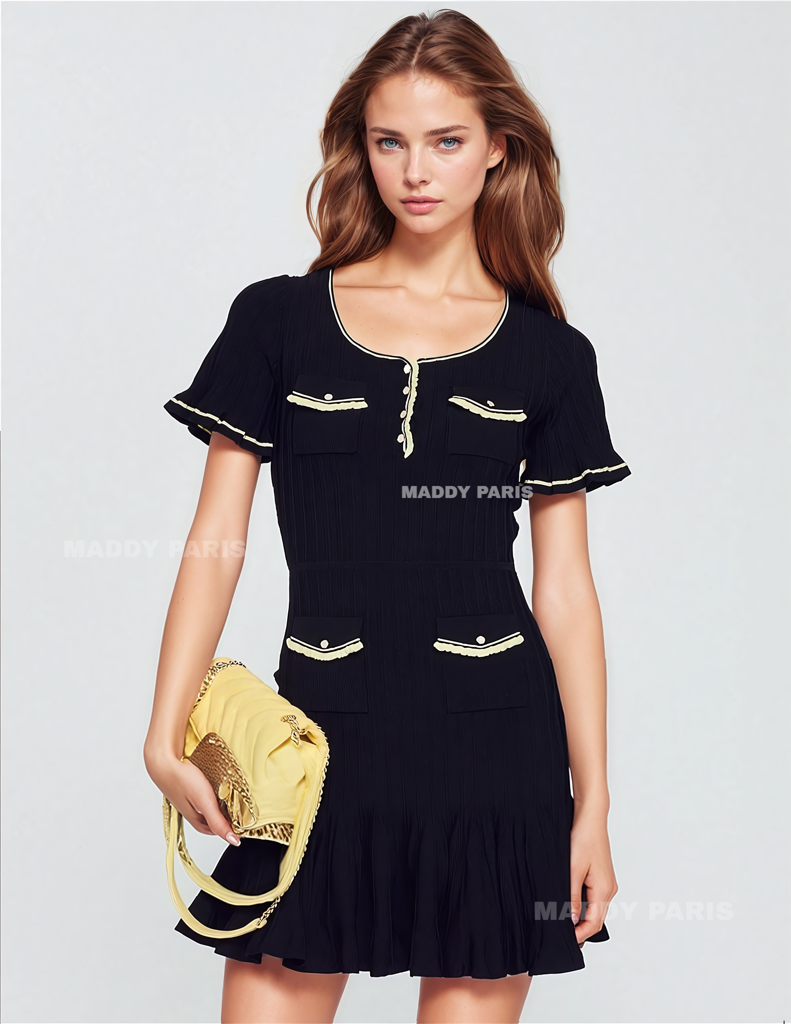 SANDRO Black Short Mini Dress with Buttons and Contrast Trim - Black