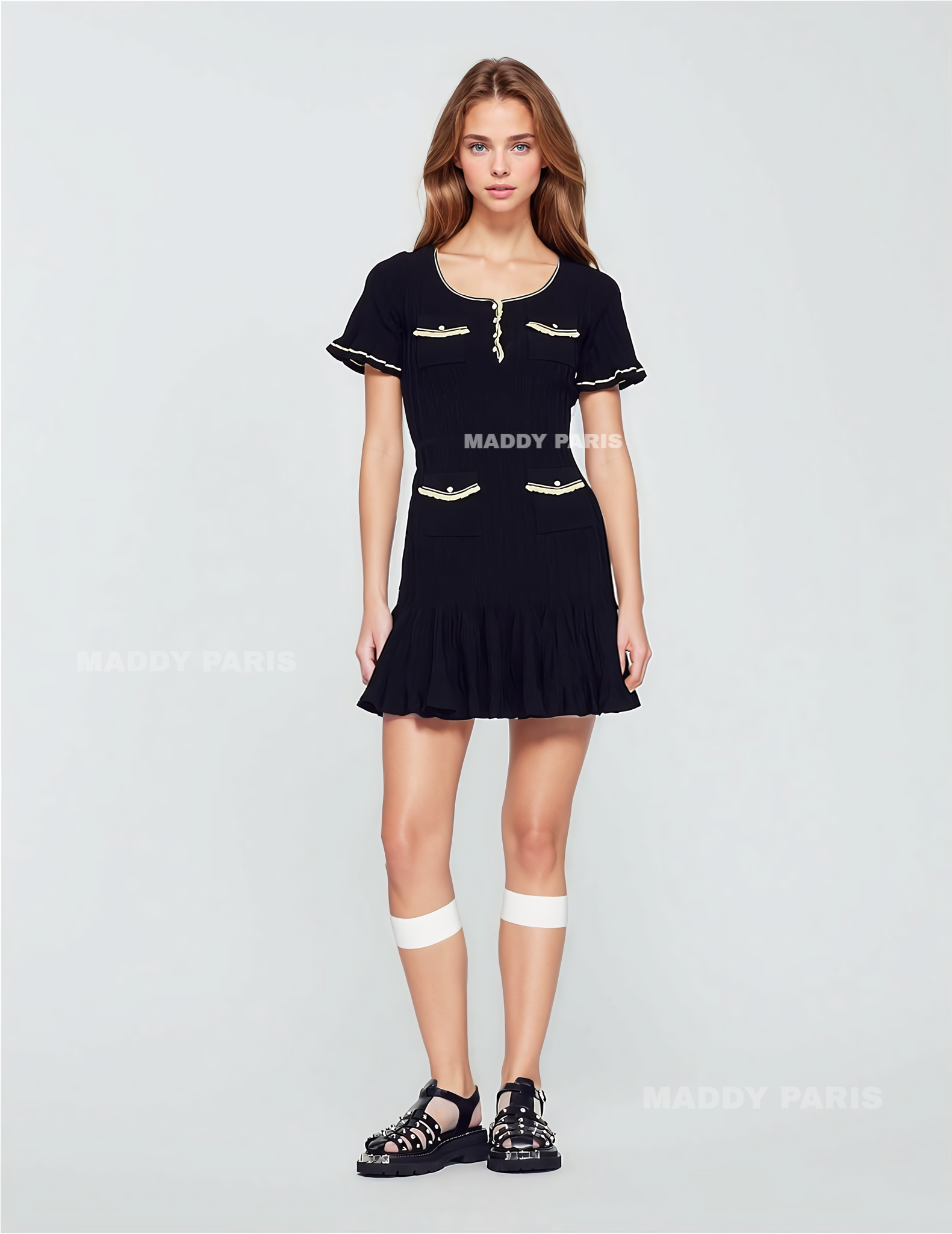 SANDRO Black Short Mini Dress with Buttons and Contrast Trim - Black