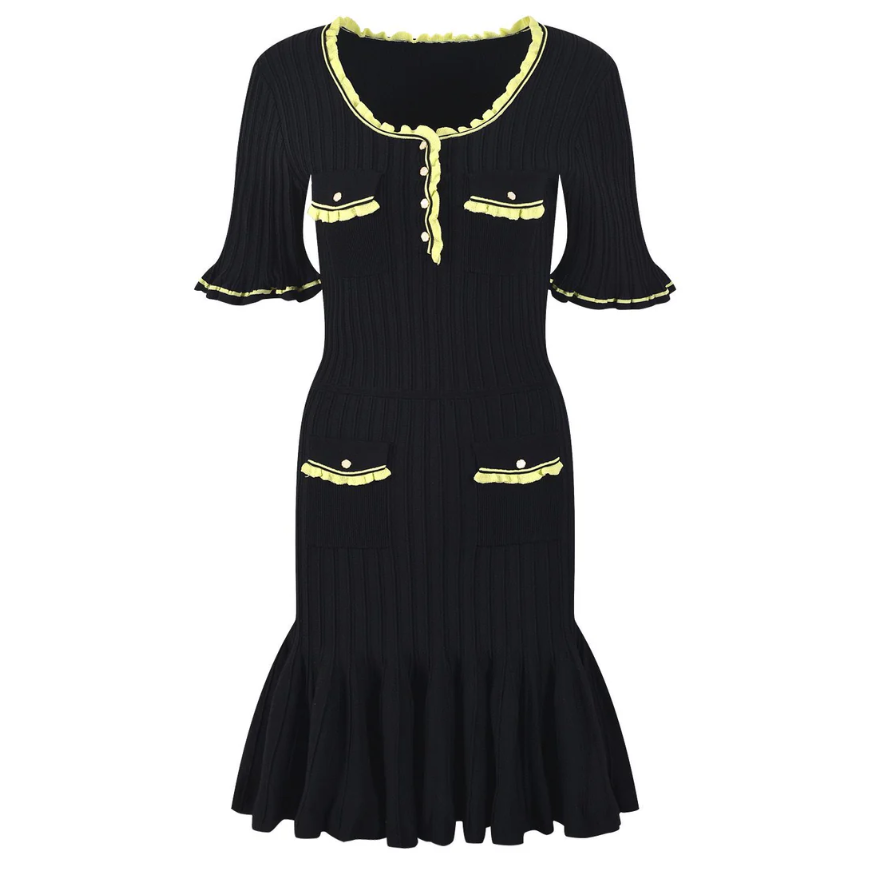 SANDRO Black Short Mini Dress with Buttons and Contrast Trim - Black