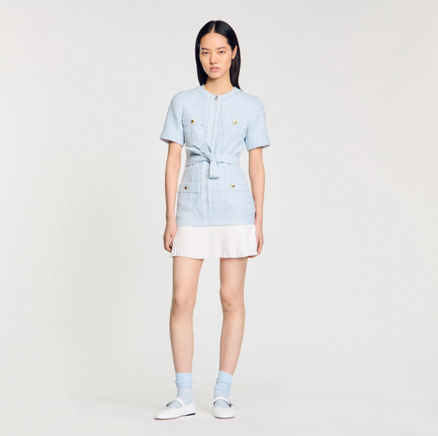 NEW SANDRO Boucle Pocket Tweed Mini Dress - Light Blue