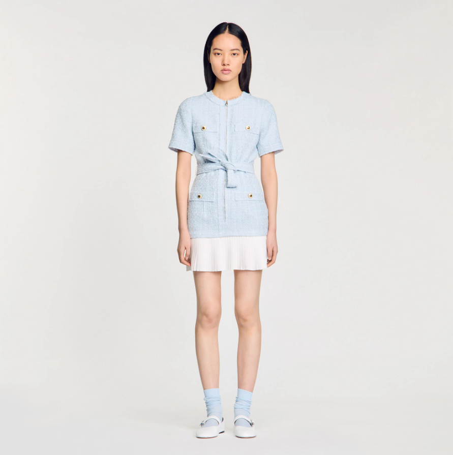 NEW SANDRO Boucle Pocket Tweed Mini Dress - Light Blue