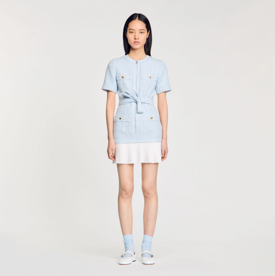 NEW SANDRO Boucle Pocket Tweed Mini Dress - Light Blue
