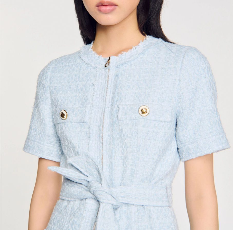 NEW SANDRO Boucle Pocket Tweed Mini Dress - Light Blue