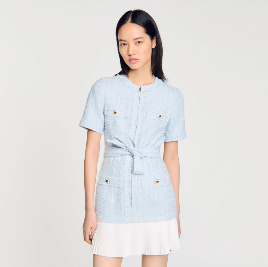 NEW SANDRO Boucle Pocket Tweed Mini Dress - Light Blue