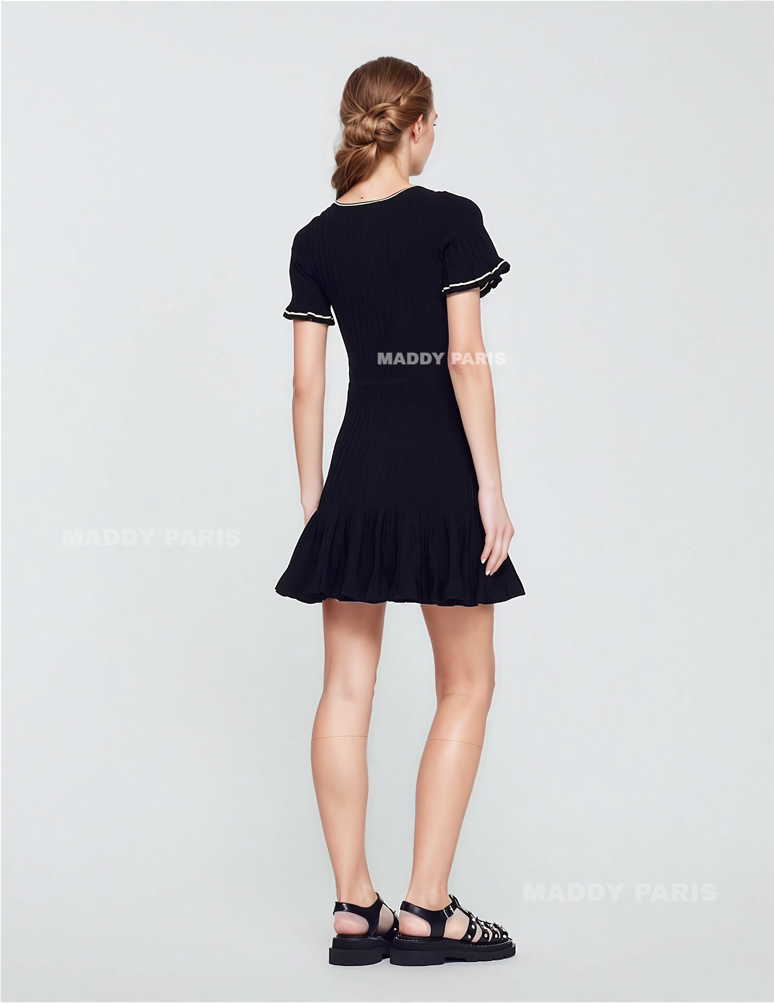 SANDRO Black Short Mini Dress with Buttons and Contrast Trim - Black