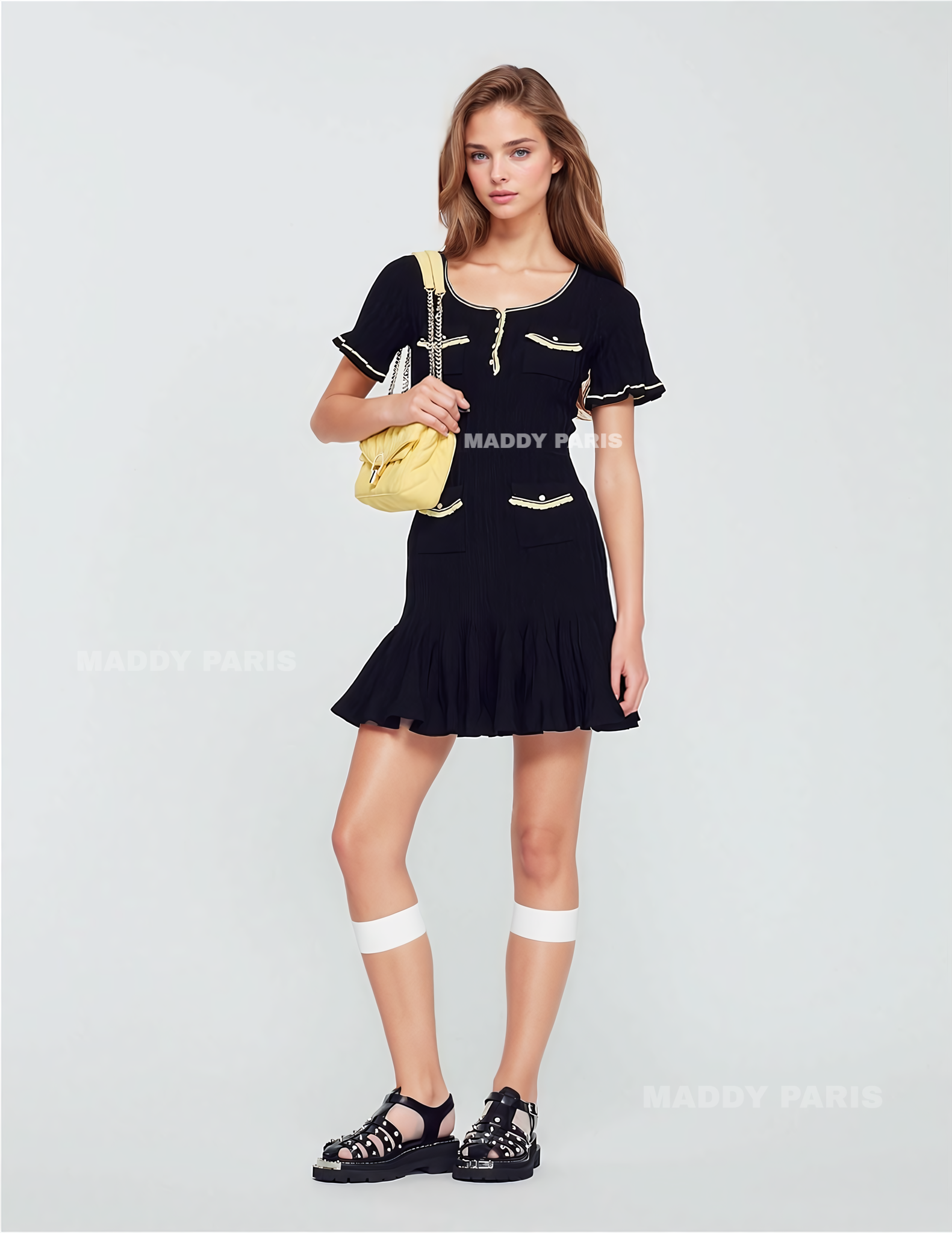 SANDRO Black Short Mini Dress with Buttons and Contrast Trim - Black