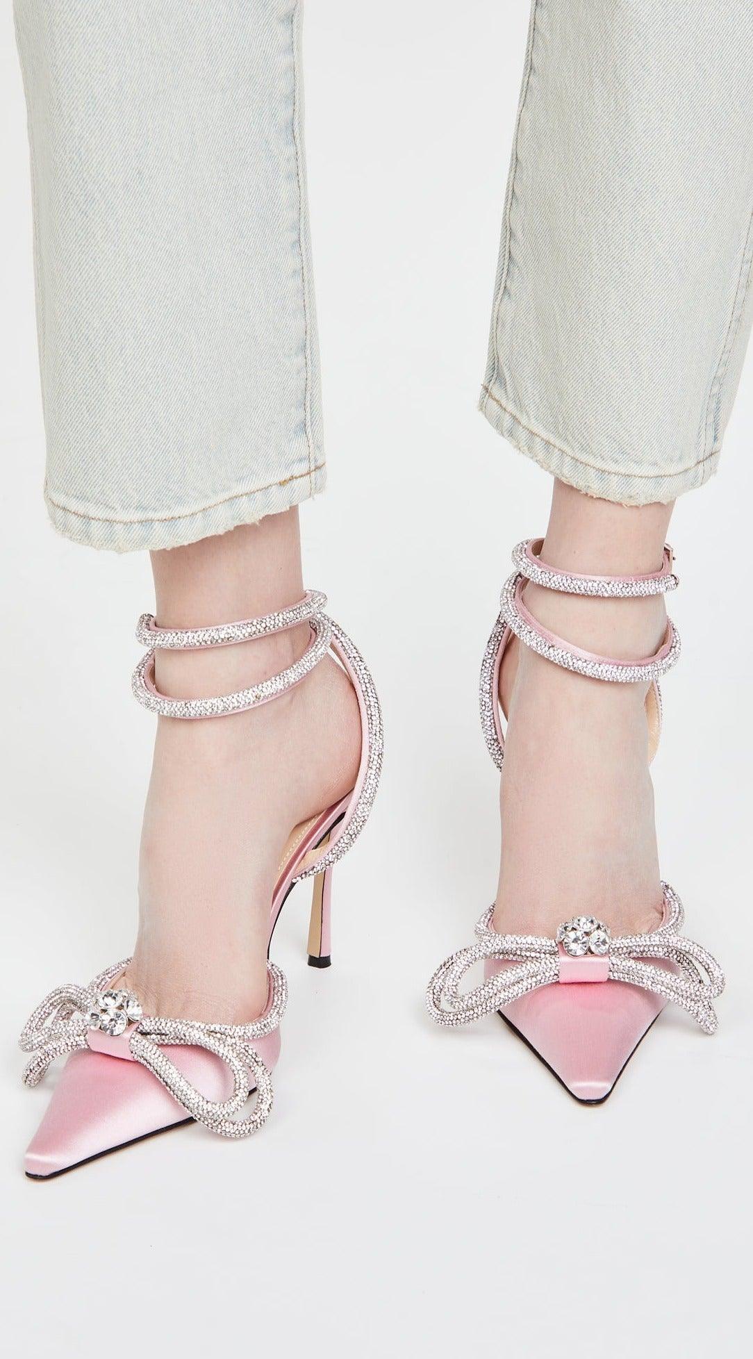 LUNA Midnight Double Crystal Bow Satin Pumps / High Heels - Light Pink - MALVI PARIS