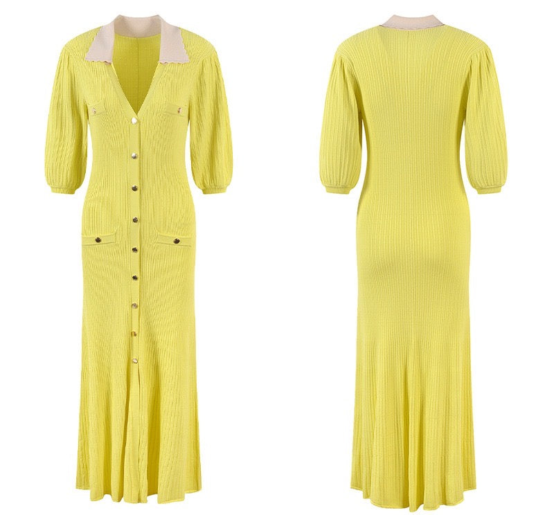 Sandro Collared Knit Button Down midi Dress - Yellow