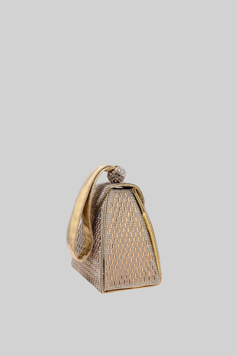 MARIELLA Metallic bag with golden stones in triangular model - gold