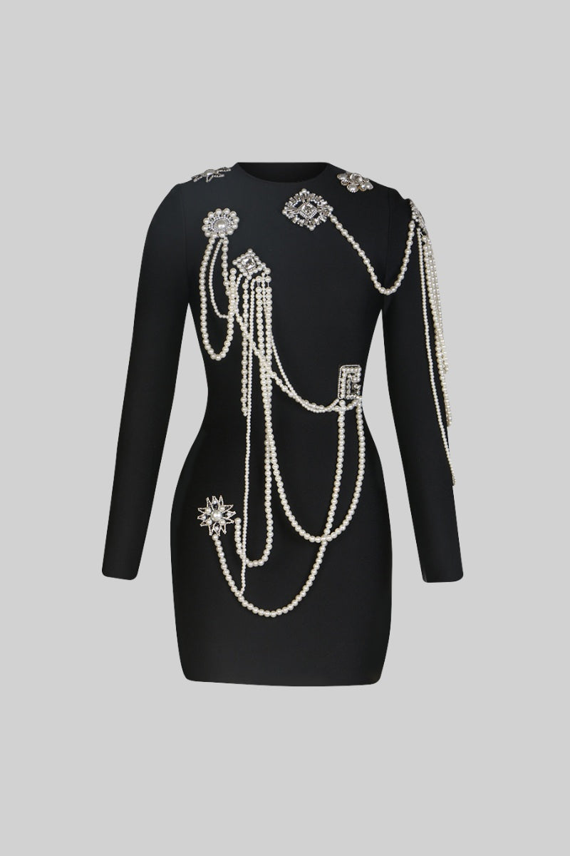 CECILE  Long Sleeve Diamond Pearls Mini Dress - Black