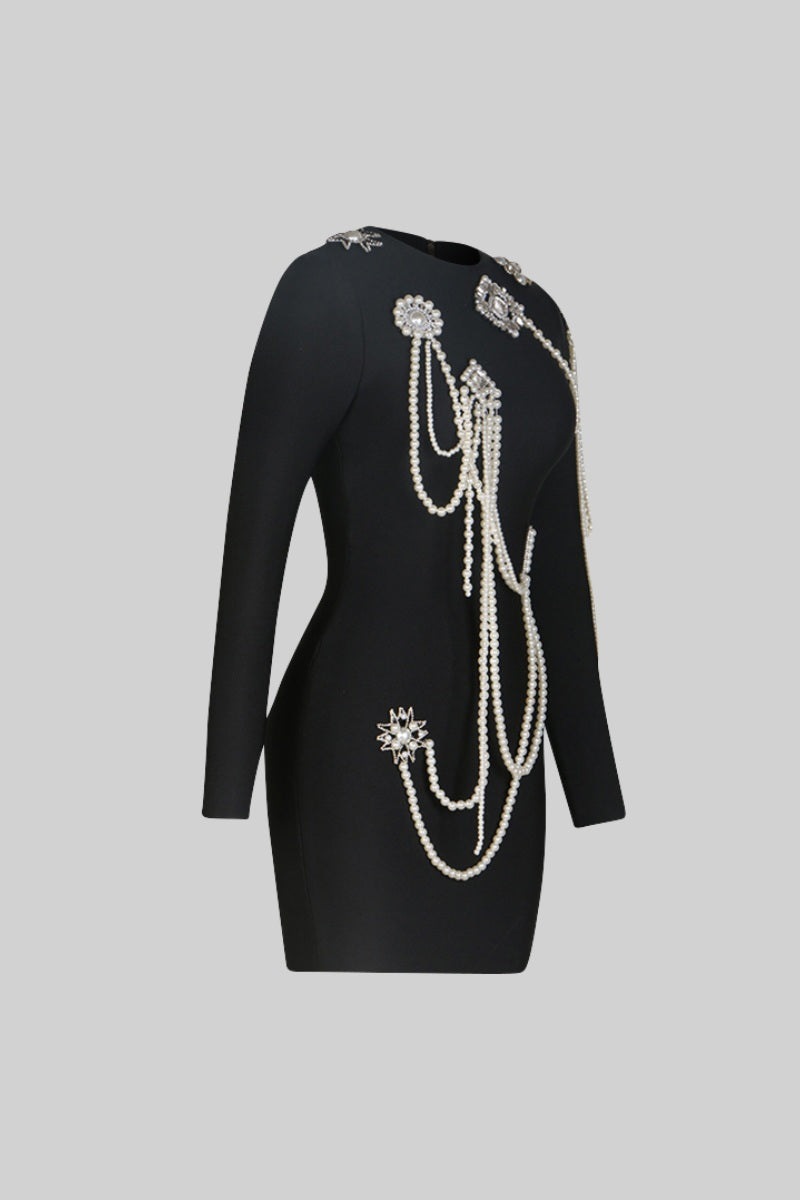 CECILE  Long Sleeve Diamond Pearls Mini Dress - Black