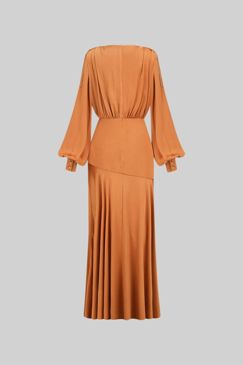 ELANI V-neck Maxi Dress with Golden Details - Caramel Brown