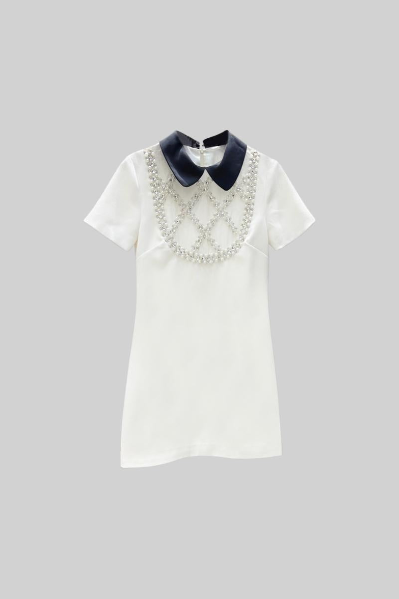 VERONA Mini Dress with Contrasting Collar and Jewelry Details - White