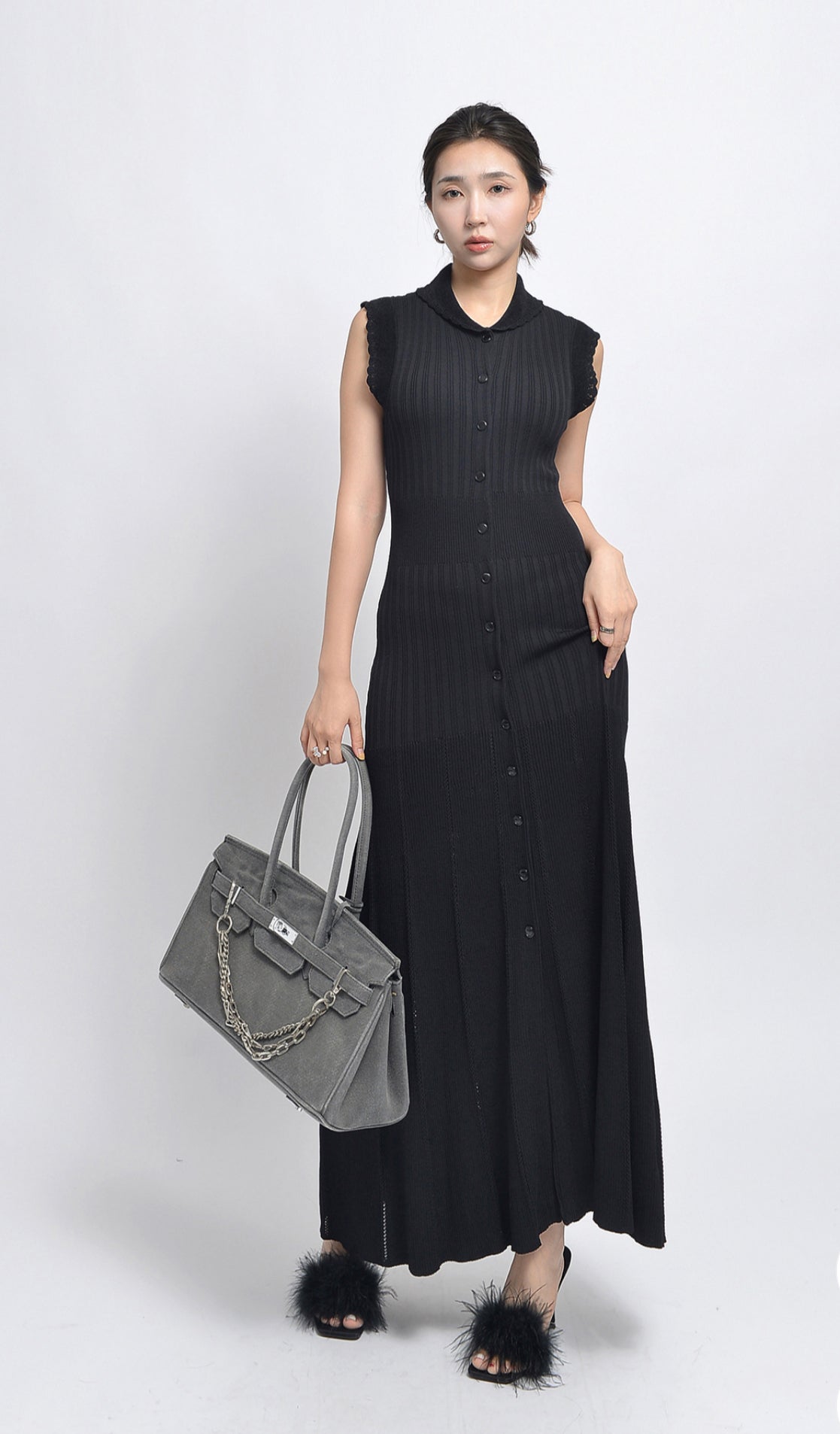 SANDRO black Sleeveless Ribbed midi dress - Black